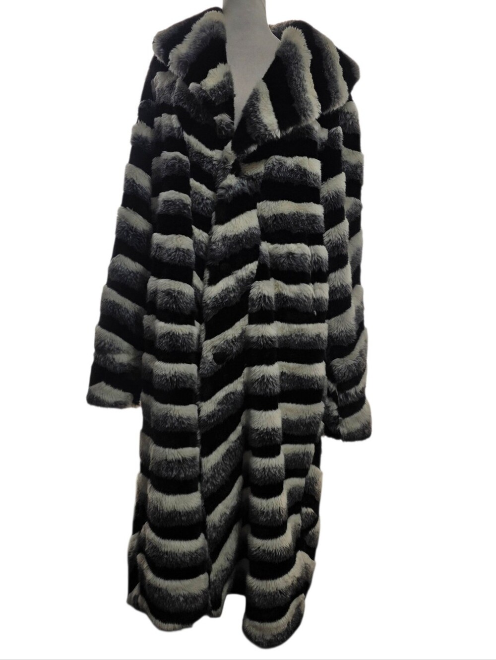 Luxury Zebra Stripe Faux Fur Long Coat Black White Gray Plush Statement O/S